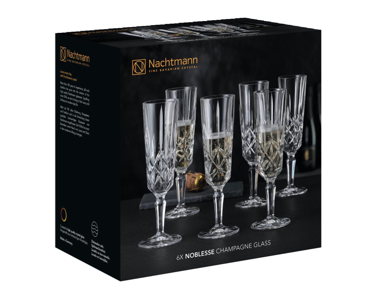 Verpackung des Champagnersets Noblesse mit sechs eleganten Kristallgläsern, seitliche Perspektive