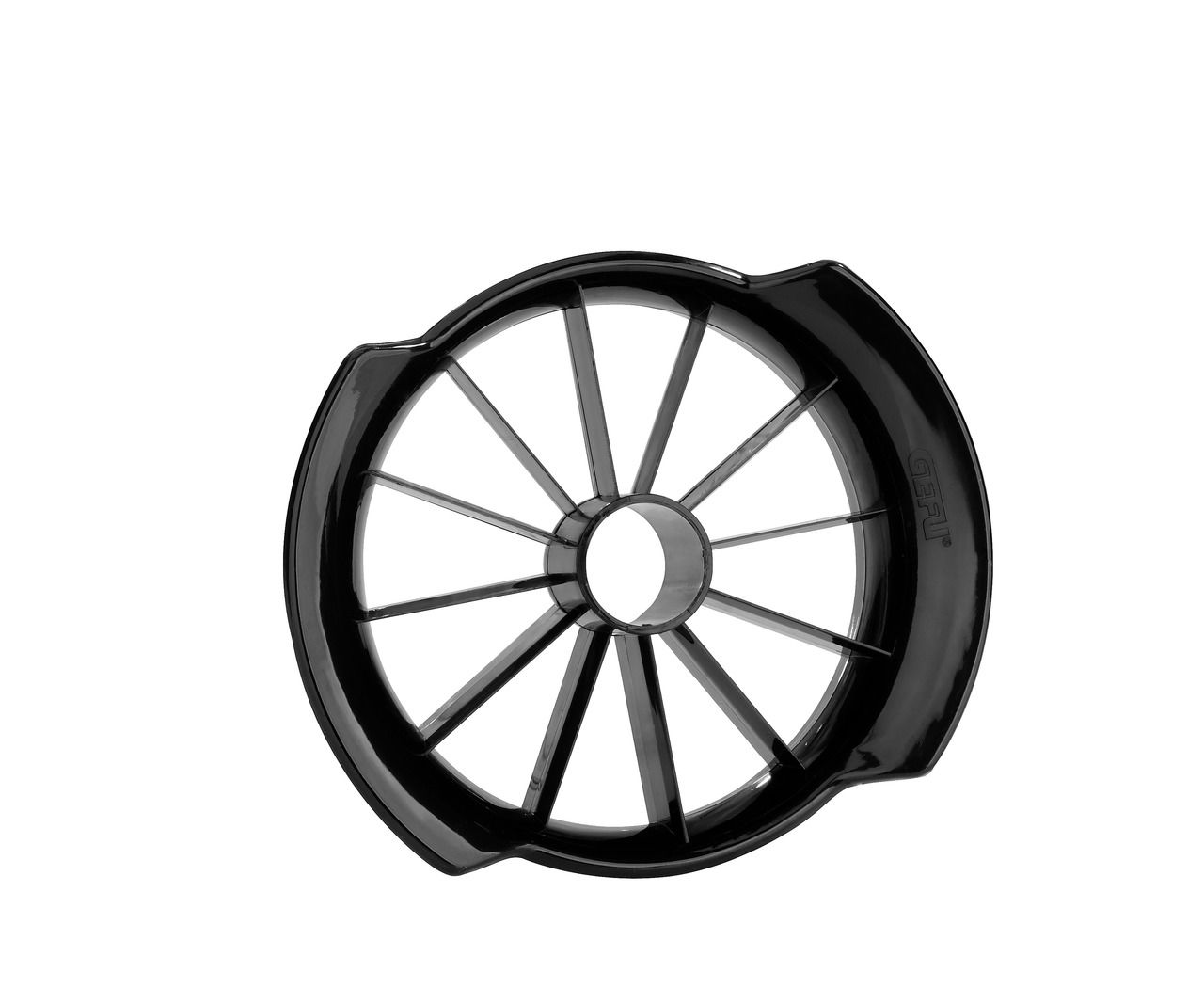 Schwarzer Ananasschneider in Draufsicht mit mehreren Klingen zur einfachen Portionierung.