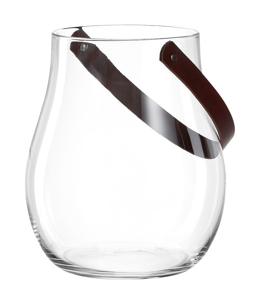 Windlicht mit Lederhenkel, 32 cm hoch, aus klarem Glas, seitliche Perspektive