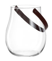 Windlicht mit Lederhenkel, 32 cm hoch, aus klarem Glas, seitliche Perspektive