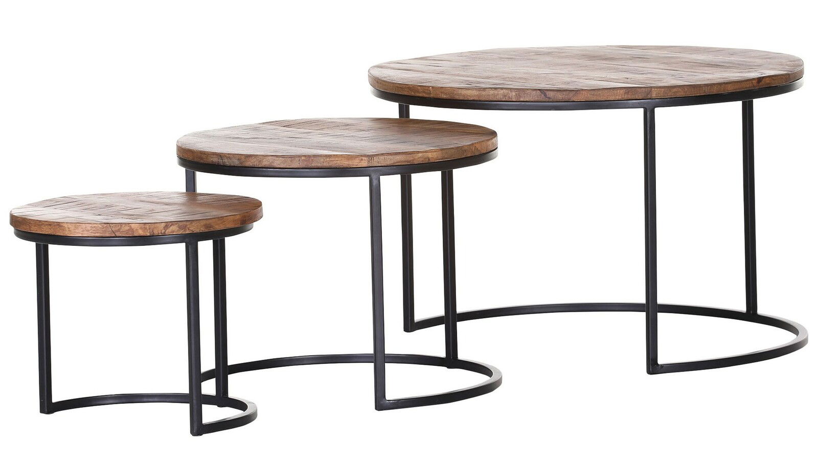 Dreiteiliger Satztisch mit runden Holzplatten und schwarzen Metallgestellen, seitliche Perspektive