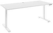 Weißer E-Schreibtisch mit rechteckiger Tischplatte und zwei T-Füßen, seitliche Perspektive