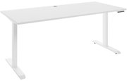 Weißer E-Schreibtisch mit rechteckiger Tischplatte und zwei T-Füßen, seitliche Perspektive
