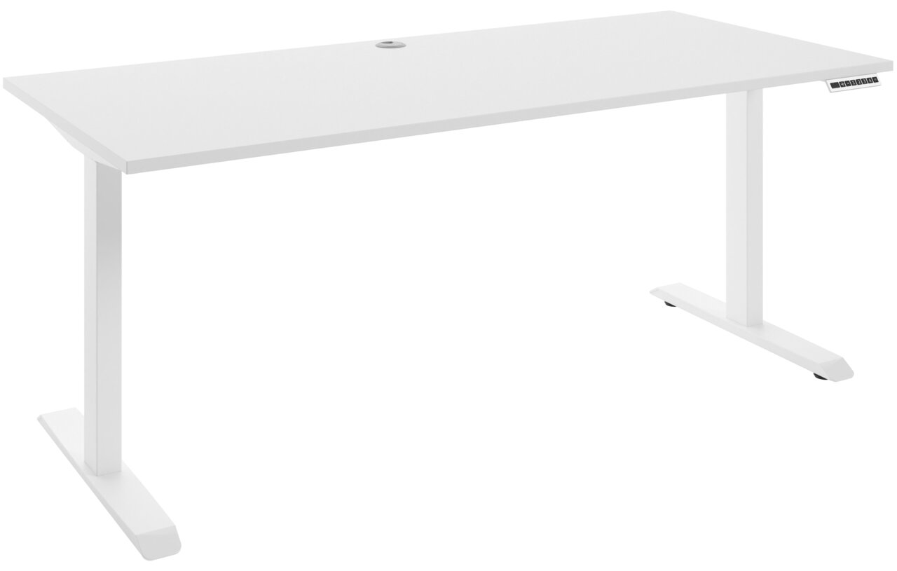 Weißer E-Schreibtisch mit rechteckiger Tischplatte und zwei T-Füßen, seitliche Perspektive