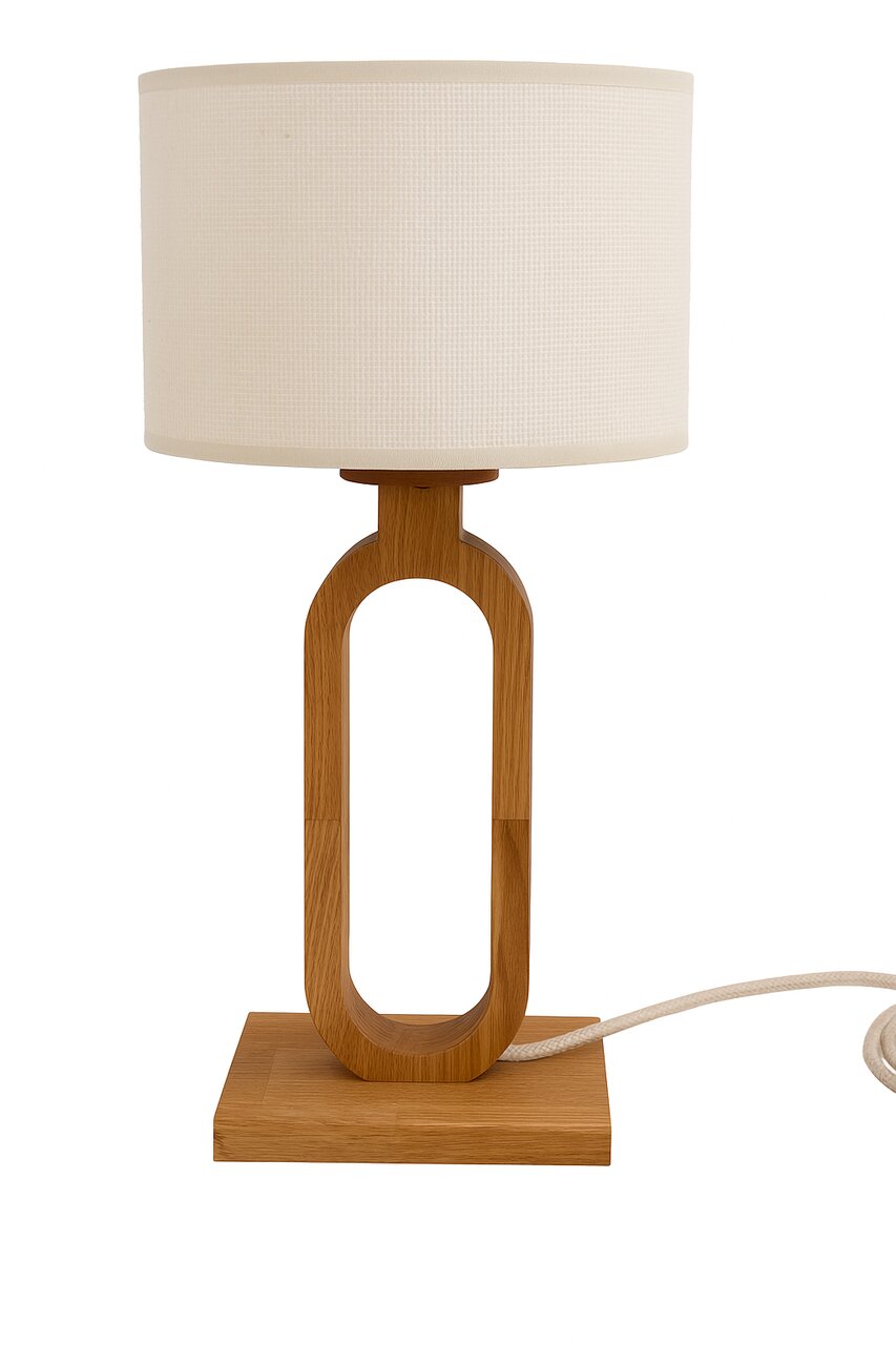 Moderne Tischleuchte mit ovalem Holzrahmen und weißem Lampenschirm, Frontalansicht