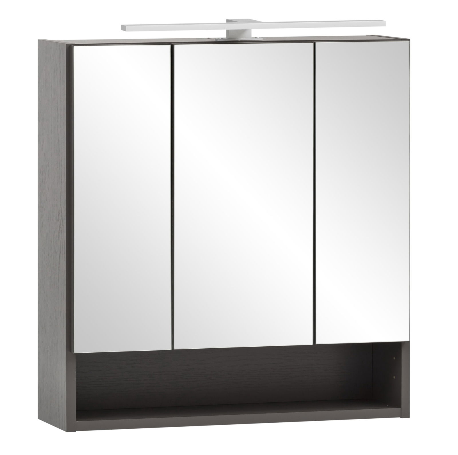 Moderner Spiegelschrank mit drei Türen und integrierter Beleuchtung, seitliche Perspektive