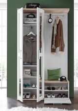 Kompakt-Garderobe mit Spiegel, Schuhregalen und Haken, frontal abgebildet.