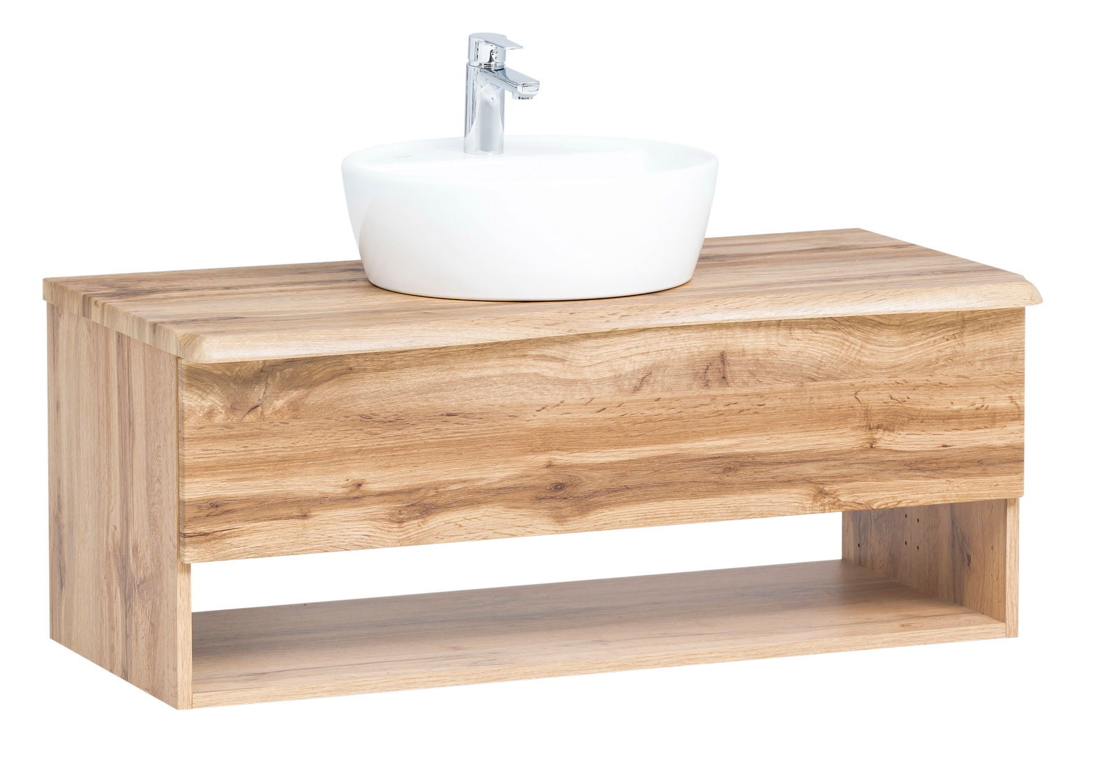 Waschtisch-Set aus Holz mit weißem Aufsatzwaschbecken und Armatur, seitliche Perspektive