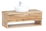 Waschtisch-Set aus Holz mit weißem Aufsatzwaschbecken und Armatur, seitliche Perspektive