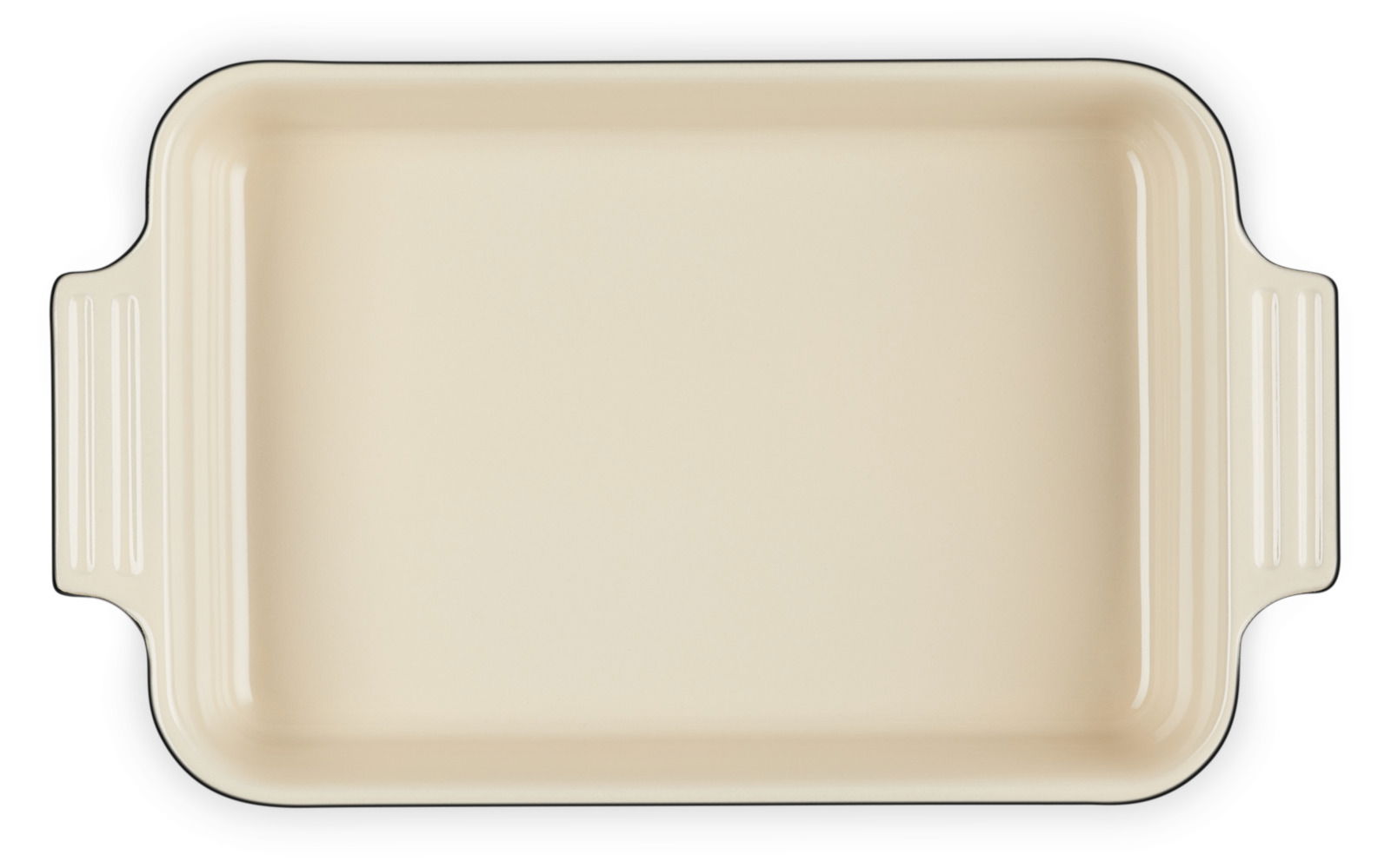 Rechteckige schwarze Auflaufform mit cremefarbener Innenfläche, Draufsicht