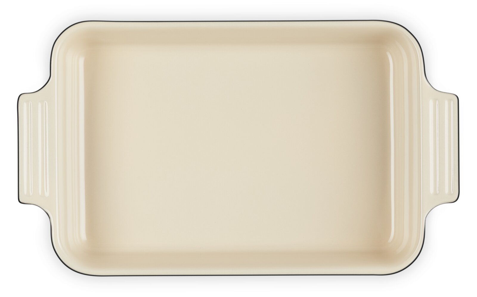 LE CREUSET Ovenvorm 25 cm, zwart Rechthoekige zwarte ovenschaal met crèmekleurige binnenkant, bovenaanzicht
