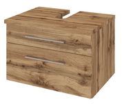 Waschtischunterschrank aus Holz mit zwei Schubladen, seitliche Perspektive