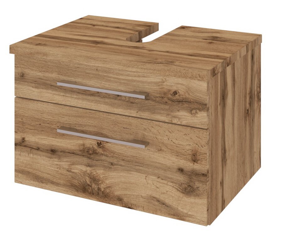 Waschtischunterschrank aus Holz mit zwei Schubladen, seitliche Perspektive