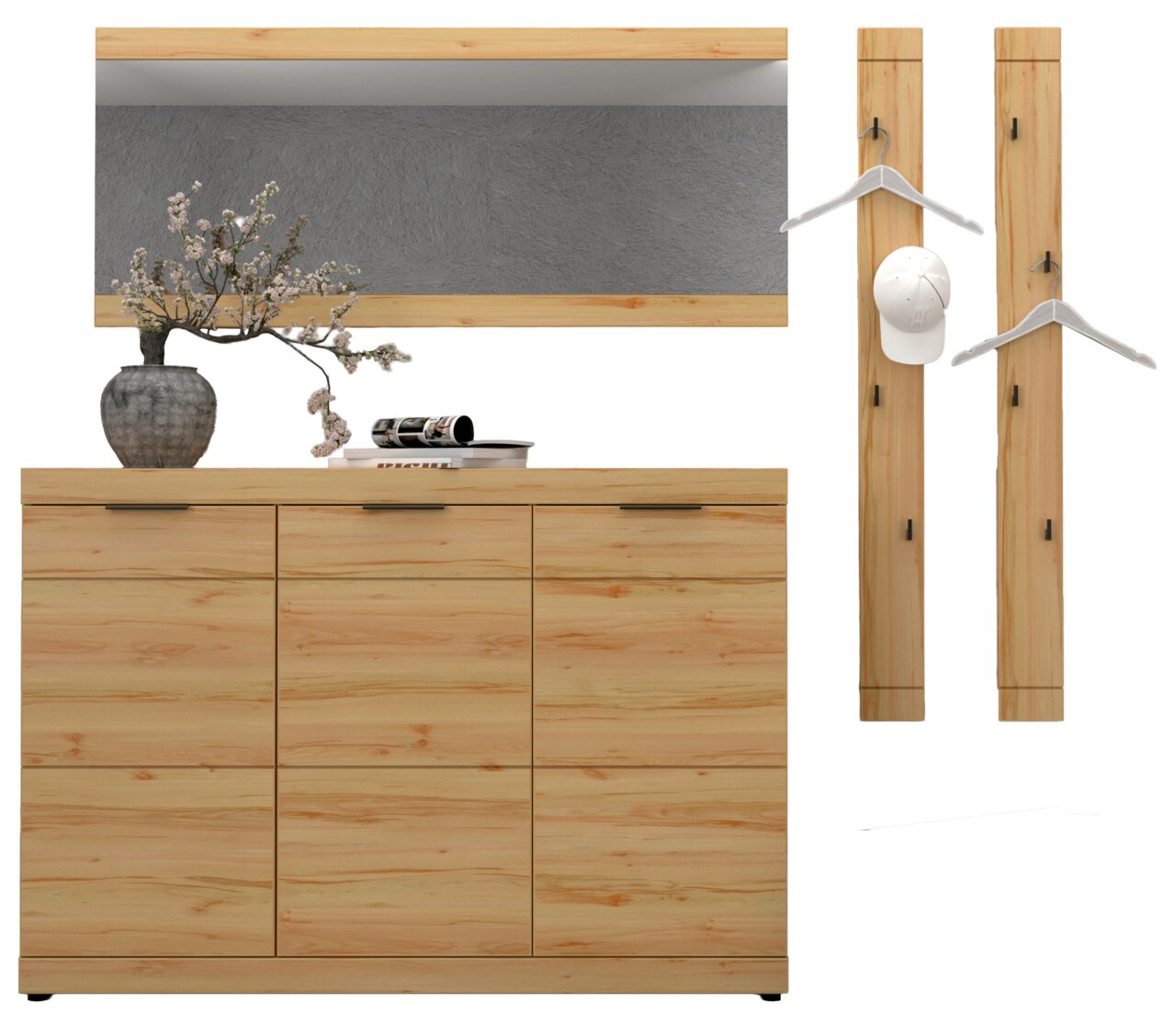 XORA Garderobenkombination OHIO Garderoben-Set aus hellem Holz mit breiter Kommode, großem Wandspiegel und zwei Hakenleisten, frontale Ansicht