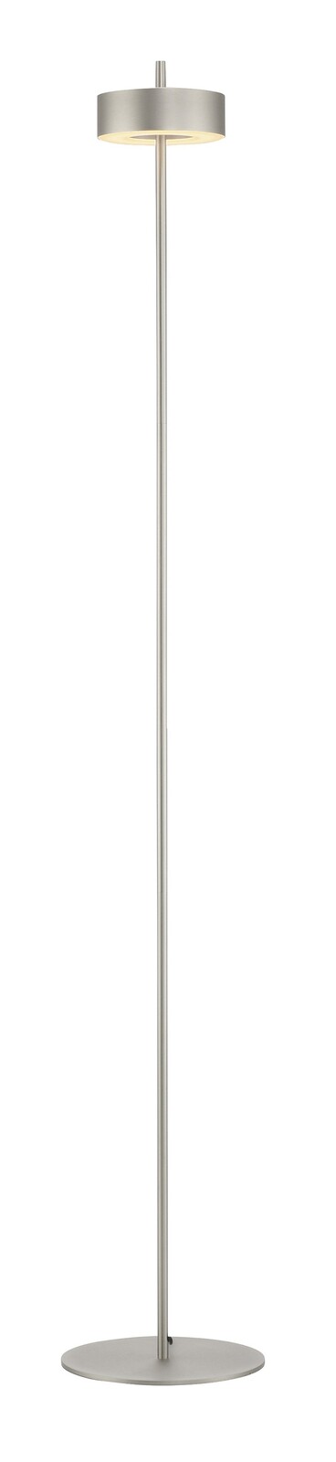 Moderne Stehleuchte Q-ROTATE von Paul Neuhaus in seitlicher Perspektive, mit schlankem, silbernem Design und rundem Lampenschirm.