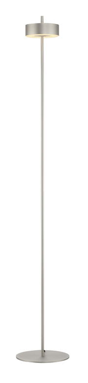 Moderne Stehleuchte Q-ROTATE von Paul Neuhaus in seitlicher Perspektive, mit schlankem, silbernem Design und rundem Lampenschirm.