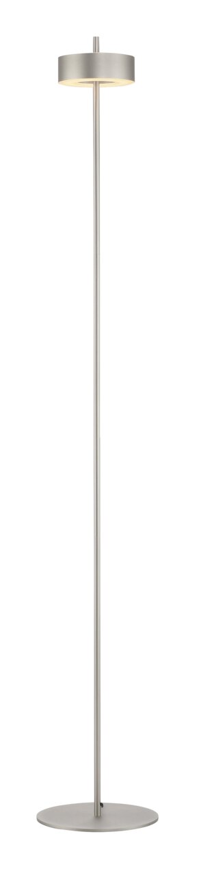 Moderne Stehleuchte Q-ROTATE von Paul Neuhaus in seitlicher Perspektive, mit schlankem, silbernem Design und rundem Lampenschirm.