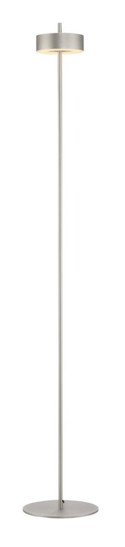 Moderne Stehleuchte Q-ROTATE von Paul Neuhaus in seitlicher Perspektive, mit schlankem, silbernem Design und rundem Lampenschirm.