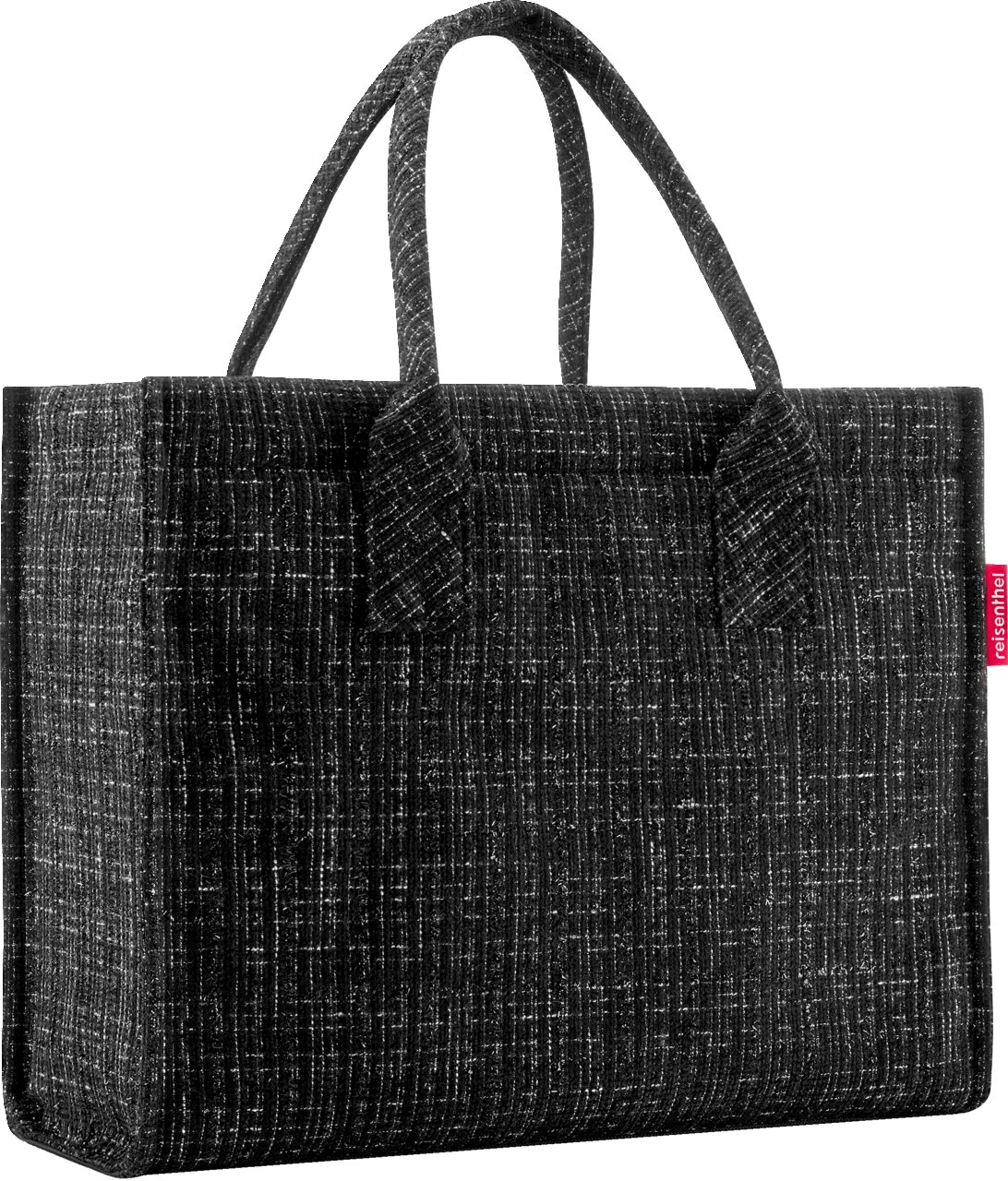 Schwarze, strukturierte Einkaufstasche/Shopper mit zwei Tragehenkeln, Frontansicht in leichter Schrägperspektive vor weißem Hintergrund