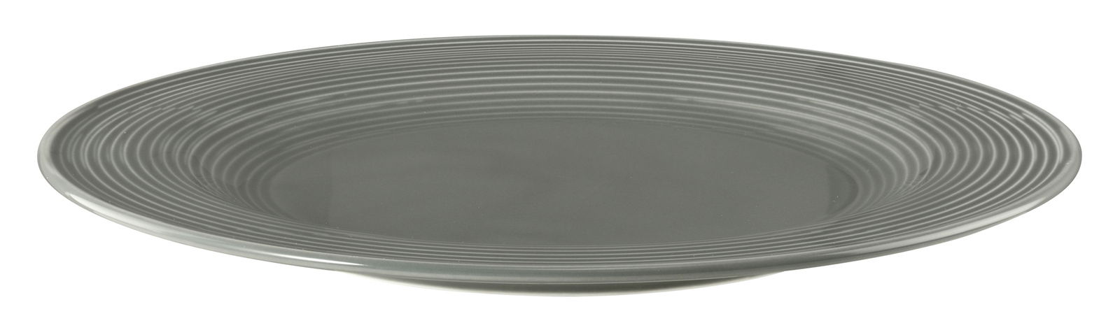 Speiseteller 27,5 cm in Perlgrau mit geriffeltem Rand, seitliche Perspektive
