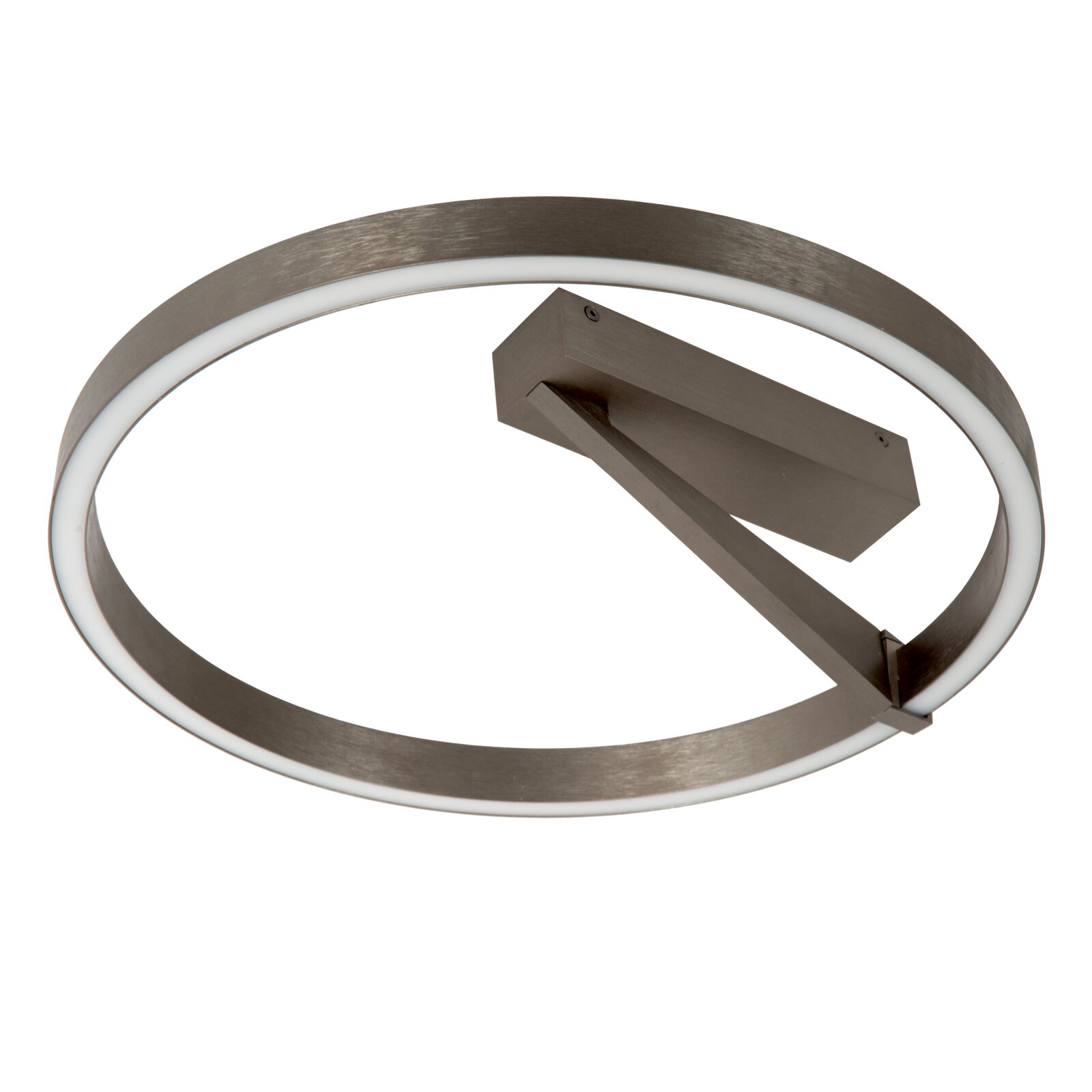 Moderne runde LED-Deckenleuchte mit Ringdesign in gebürstetem Metall und integriertem weißen Diffusor, Ansicht schräg von unten auf die Unterseite vor weißem Hintergrund