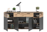 Modernes Sideboard mit Holz- und Grautönen, dekoriert mit Pflanzen und Büchern, aus frontaler Perspektive.