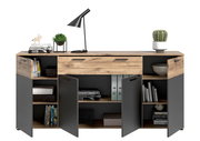 Modernes Sideboard mit Holz- und Grautönen, dekoriert mit Pflanzen und Büchern, aus frontaler Perspektive.