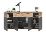 Modernes Sideboard mit Holz- und Grautönen, dekoriert mit Pflanzen und Büchern, aus frontaler Perspektive.