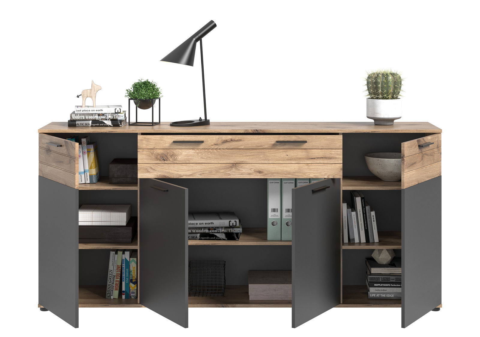 Modernes Sideboard mit Holz- und Grautönen, dekoriert mit Pflanzen und Büchern, aus frontaler Perspektive.