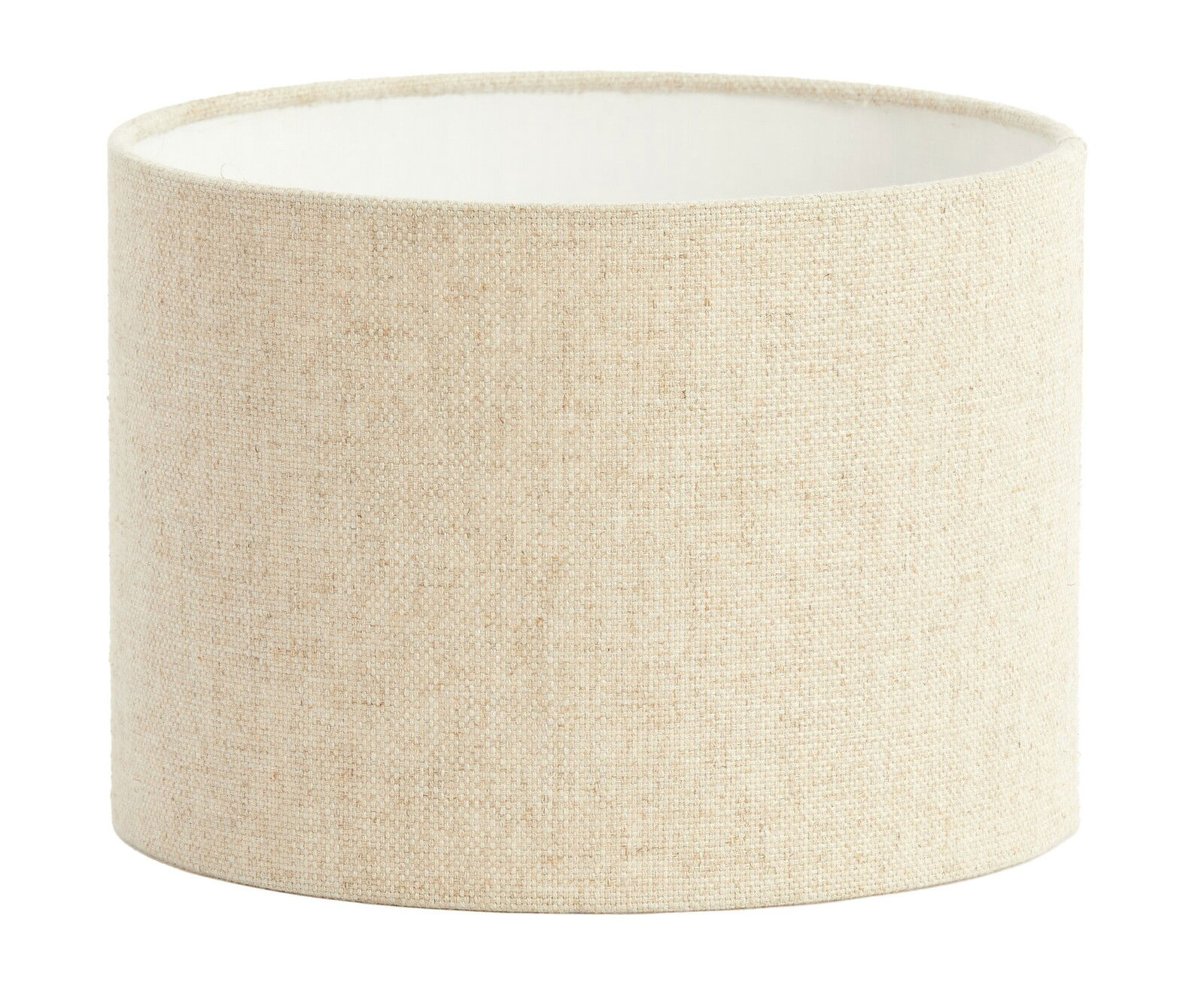 Zylindrischer Lampenschirm aus beigem Stoff, seitliche Perspektive