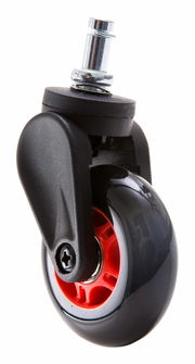 Nahaufnahme einer Hartbodenrolle mit schwarzem Gehäuse und rotem Innenring, seitliche Perspektive