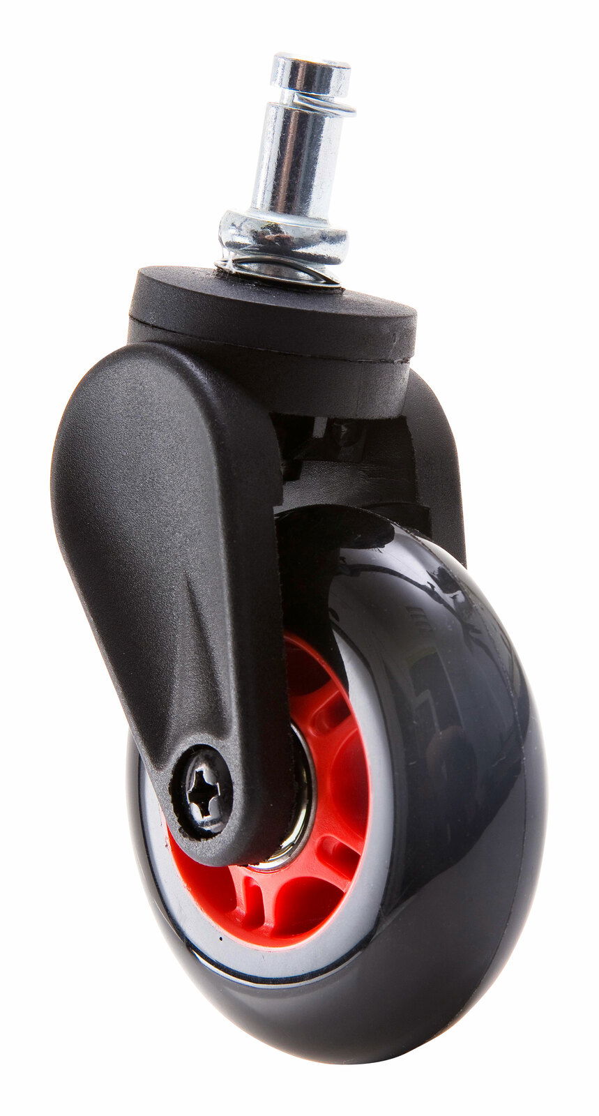 DX Racer Hartbodenrollen-Set Nahaufnahme einer Hartbodenrolle mit schwarzem Gehäuse und rotem Innenring, seitliche Perspektive