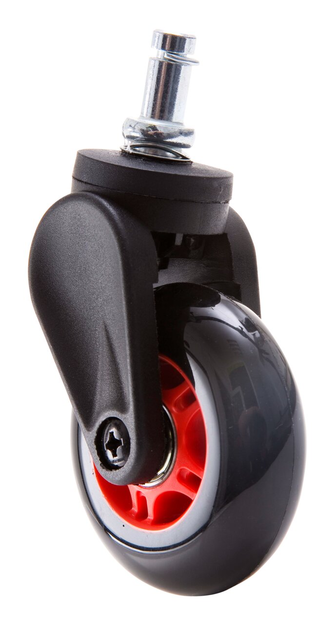 DX Racer Hartbodenrollen-Set Nahaufnahme einer Hartbodenrolle mit schwarzem Gehäuse und rotem Innenring, seitliche Perspektive