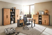 Modernes Büro mit Holz-Aktenregalen, Schreibtisch und ergonomischem Stuhl, seitliche Perspektive