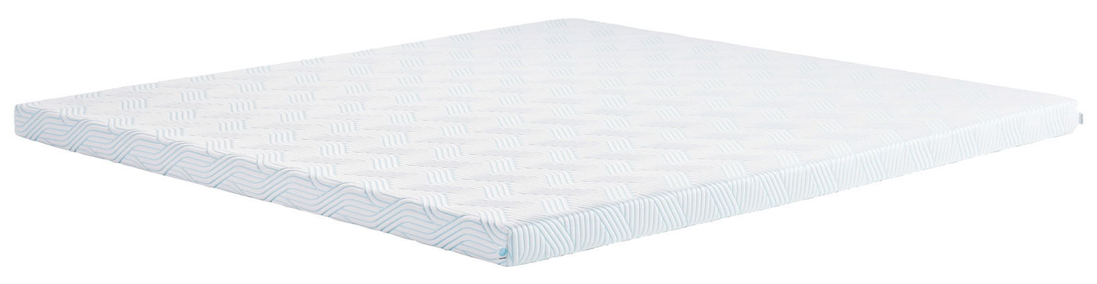 Tempur Topper Soft PRO PLUS SMARTCOOL Seitliche Ansicht eines weißen Matratzentoppers mit blauen Mustern.
