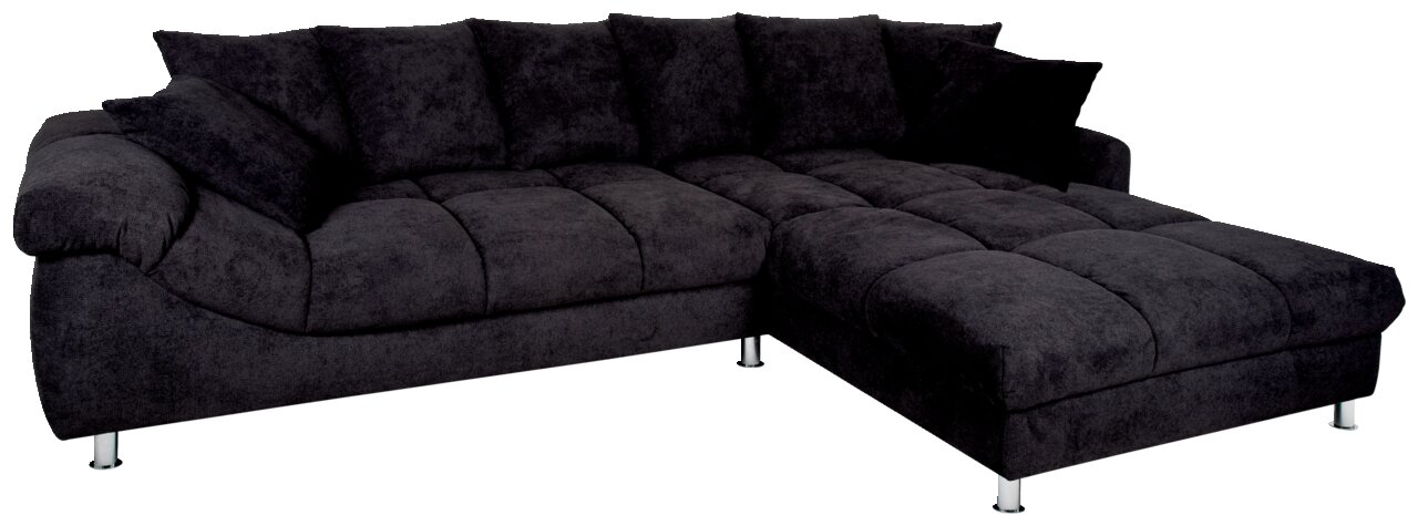 Dunkelgraue Rundecke (L) aus Stoff mit Metallfüßen, perspektivisch von vorne links fotografiert.