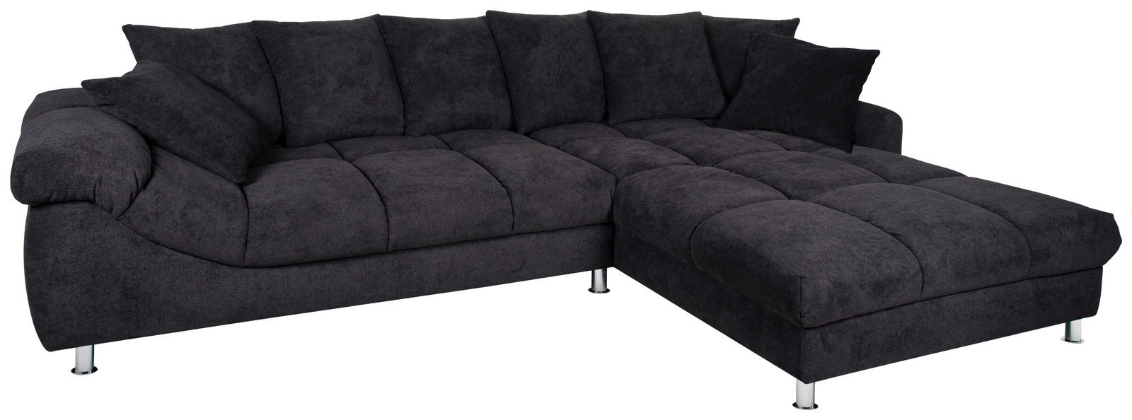 Dunkelgraue Rundecke (L) aus Stoff mit Metallfüßen, perspektivisch von vorne links fotografiert.