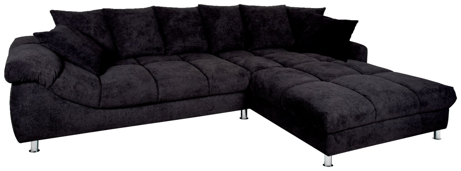 Z2 Ecksofa BROOKLYN II Dunkelgraue Rundecke (L) aus Stoff mit Metallfüßen, perspektivisch von vorne links fotografiert.