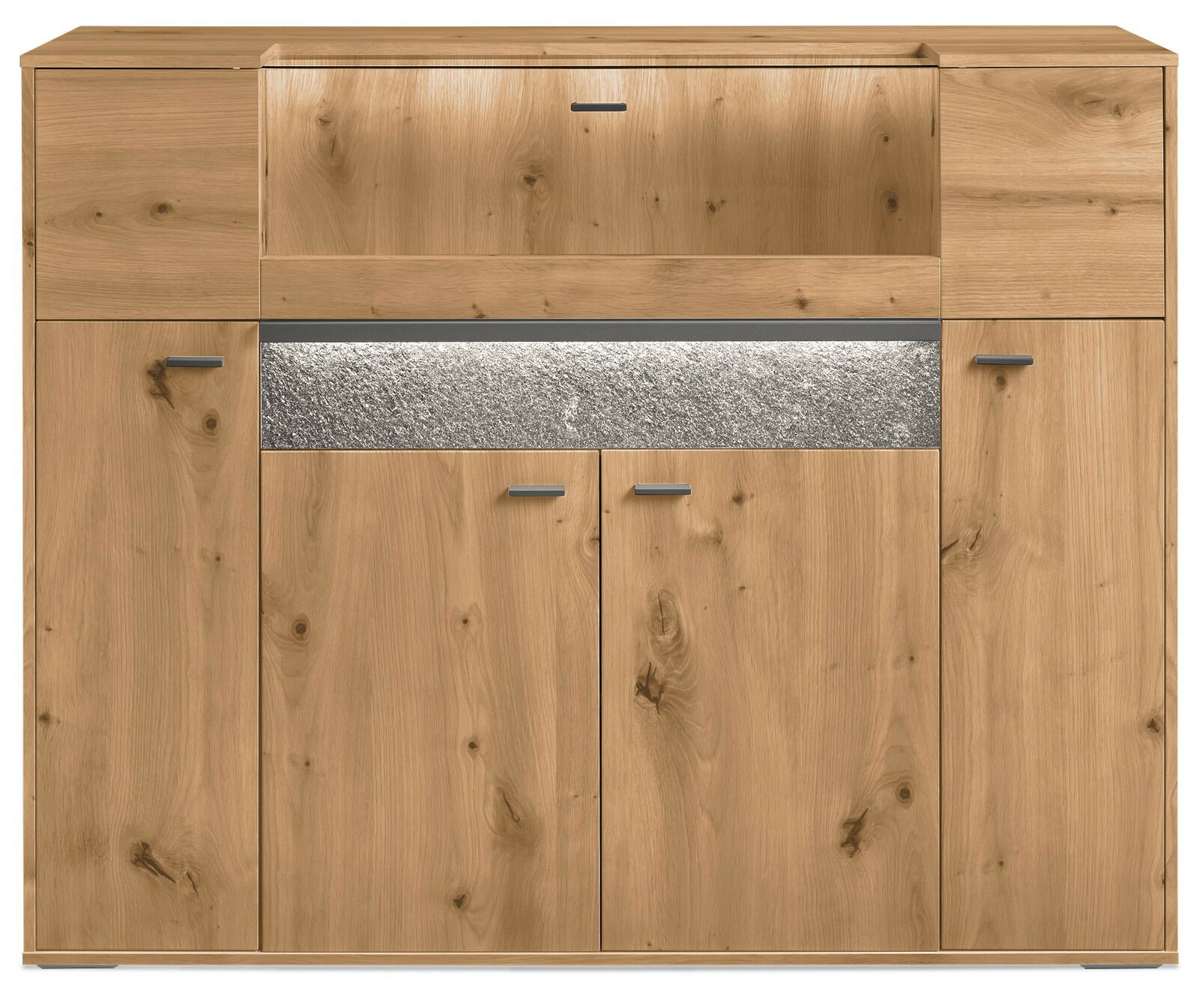 Frontansicht eines modernen Highboards aus hellem Holz mit mehreren Türen und einer dekorativen Steinleiste.