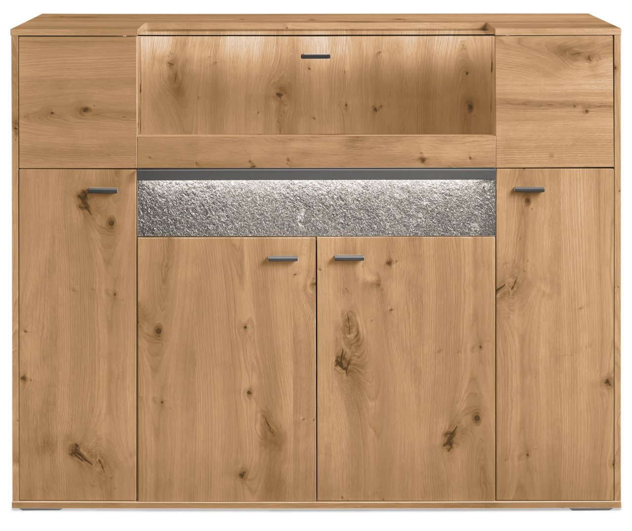 Frontansicht eines modernen Highboards aus hellem Holz mit mehreren Türen und einer dekorativen Steinleiste.