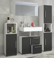 Modernes Badezimmermöbel-Set in Weiß und Anthrazit mit Waschbecken-Unterschrank, Spiegelschrank und Hochschrank, frontale Perspektive
