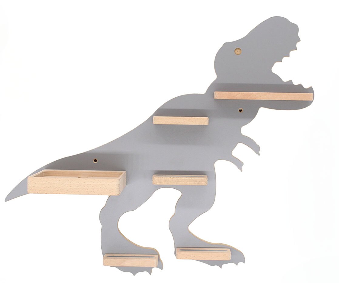 Graues, dinosaurierförmiges Wandregal (T-Rex) aus Holz mit mehreren hellen Ablagen, frontal in leichter Seitenansicht vor weißem Hintergrund.