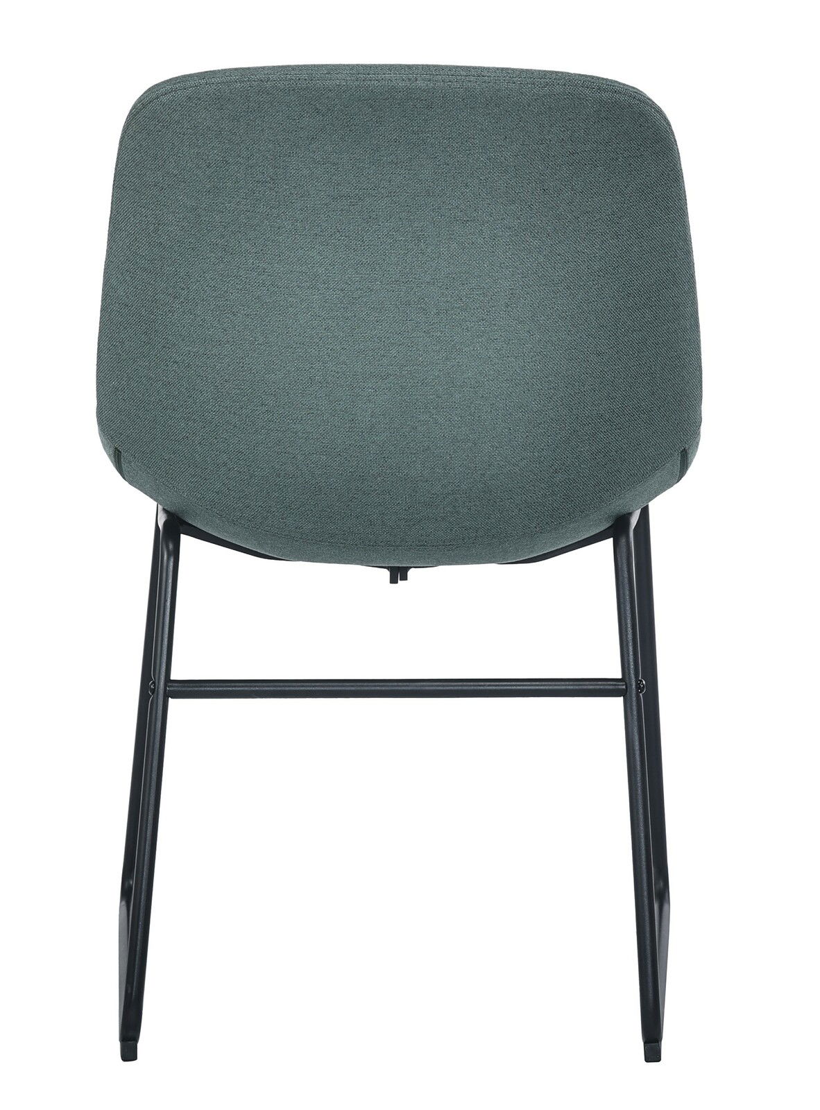 Rückansicht eines modernen Stuhls mit grünem Stoffbezug und schwarzen Metallbeinen.