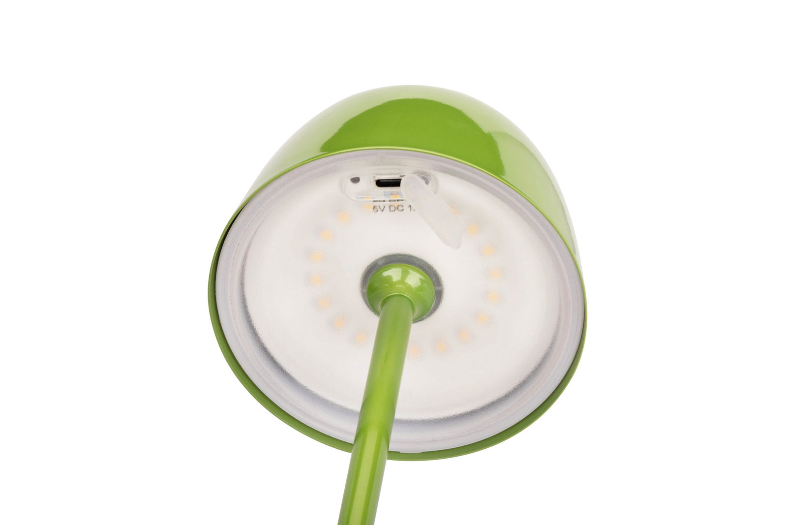 Unteransicht einer grünen Akku-Tischleuchte mit USB-Ladeanschluss.