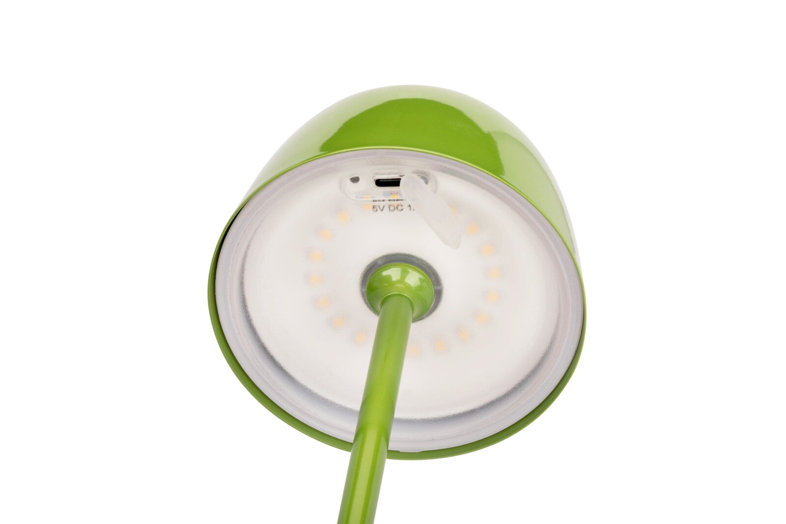Onderaanzicht van een groene accu-tafellamp met USB-oplaadaansluiting.
