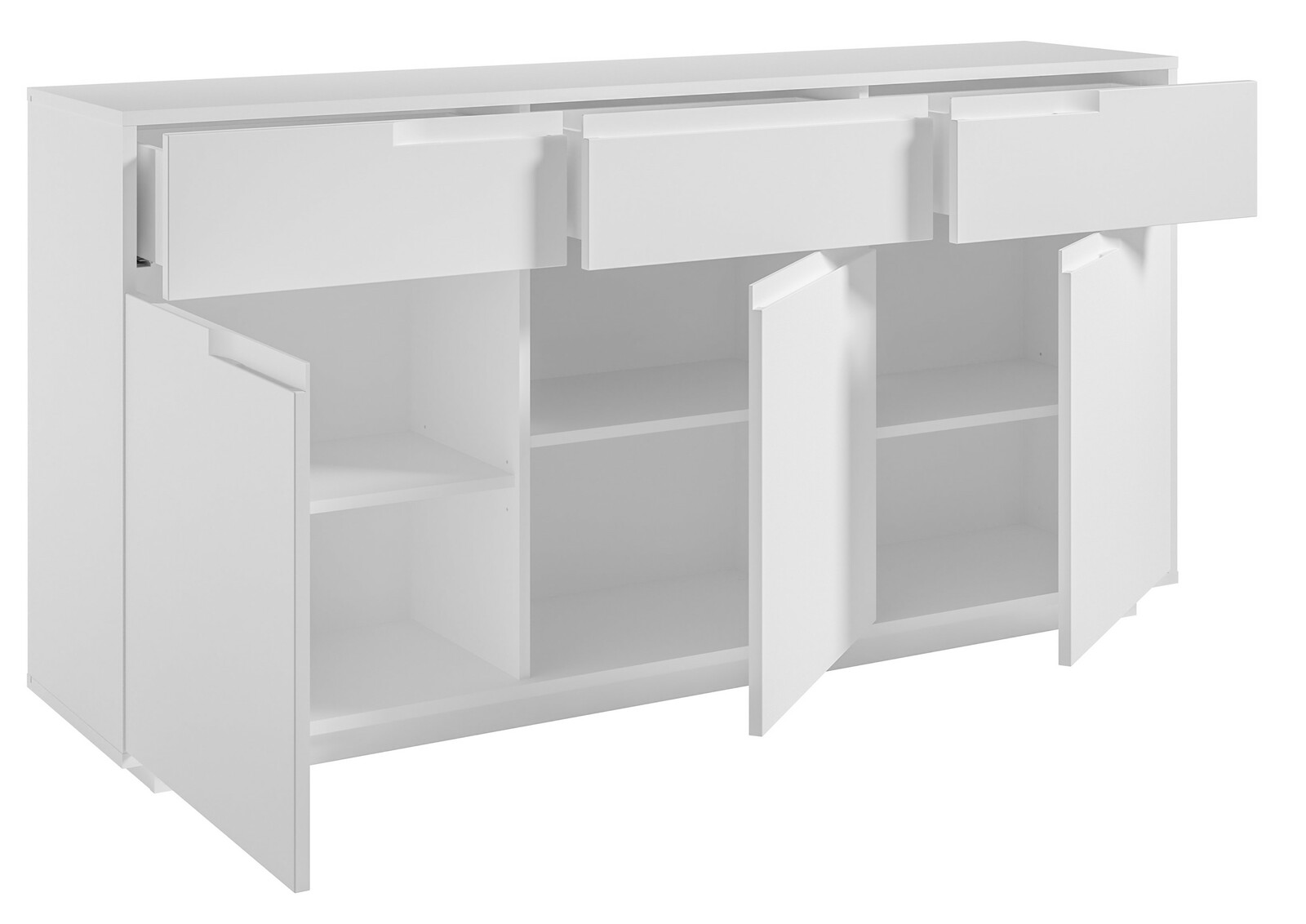 Weißes Sideboard mit drei offenen Schubladen und vier offenen Türen, Frontalansicht.