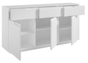Weißes Sideboard mit drei offenen Schubladen und vier offenen Türen, Frontalansicht.