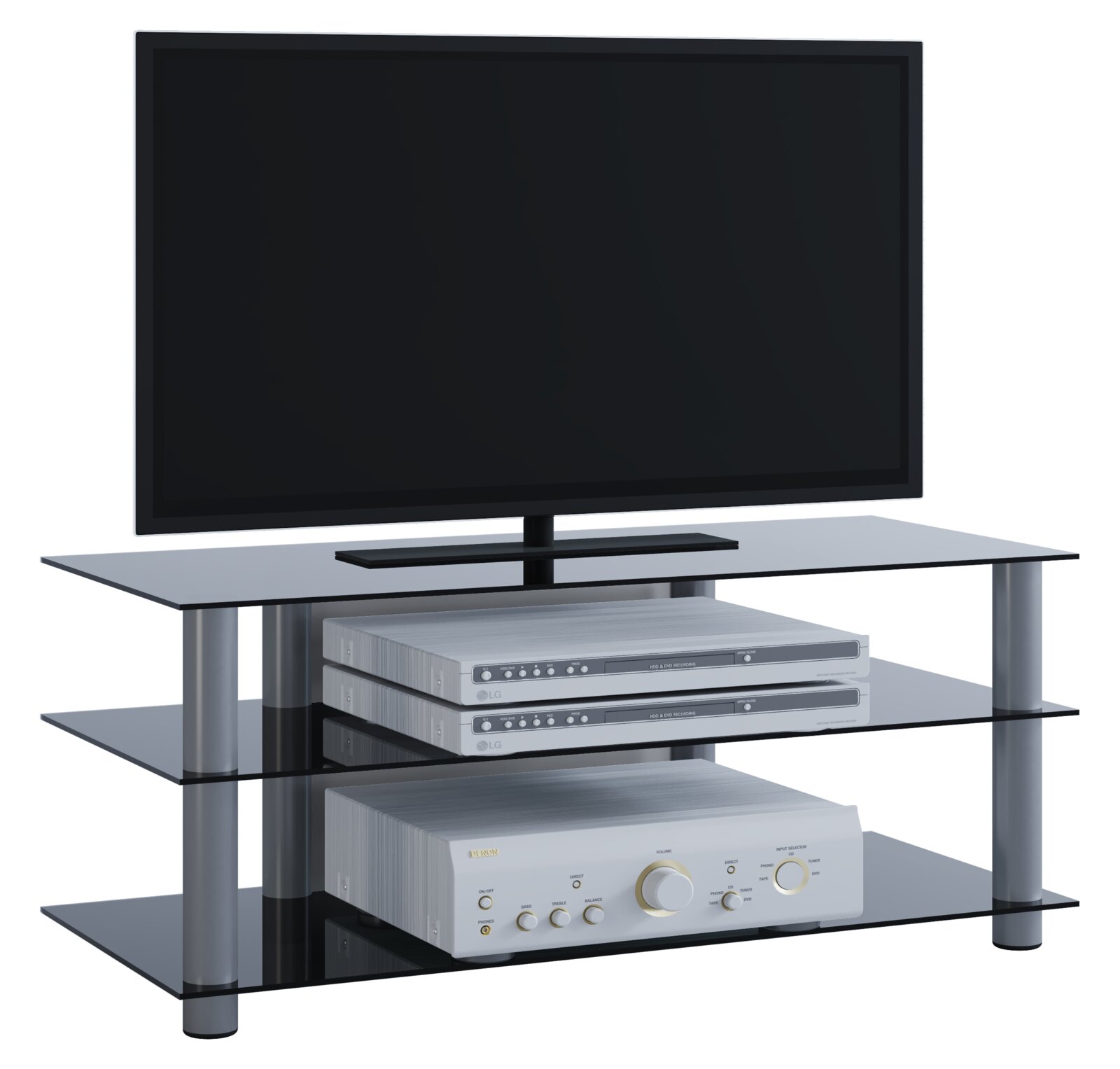 Schwarzes TV-HiFi-Rack mit mehreren Glasböden und Metallstützen, darauf ein Flachbildfernseher sowie silberne AV-Geräte, perspektivische Frontansicht leicht von rechts.