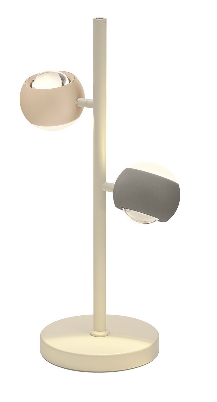 Moderne Tischleuchte mit zwei verstellbaren Leuchtköpfen in Beige und Grau, seitliche Perspektive