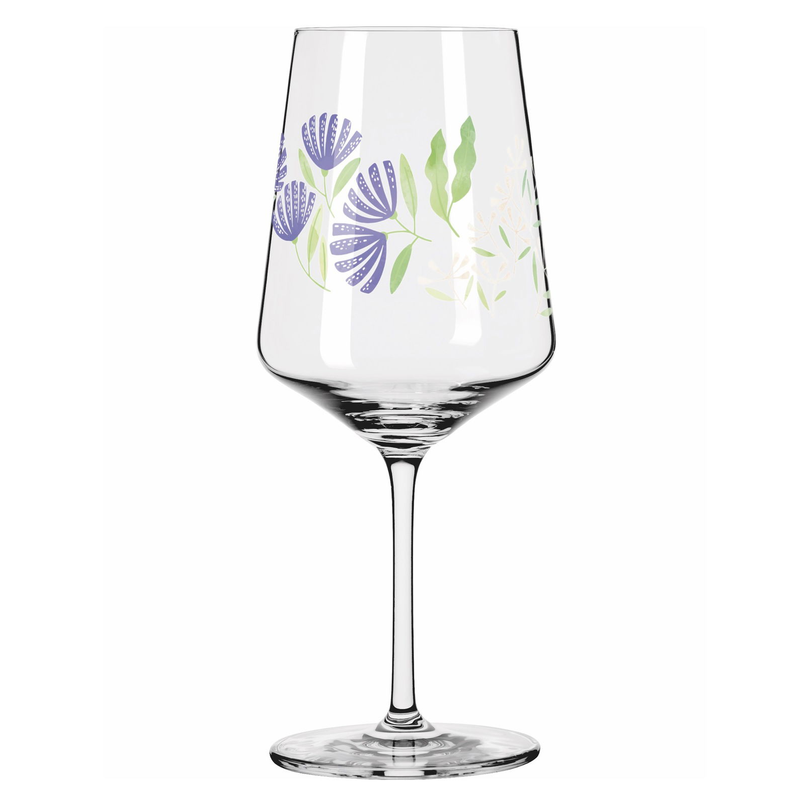 Weinglas mit floralem Muster, seitliche Perspektive